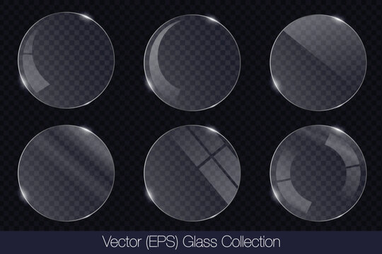 Realistic 3D glass transparent circle frame with glare, flat glass or plastic plate, flat transparent glass lens, realistic screen glass, window mockup, vector (EPS) illustration
