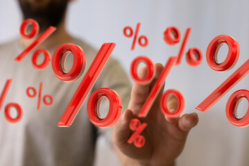 3D red percentage symbols floating, hand interacting, financial growth concept. Ideal for finance, banking, investment, and business.