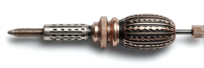Close-up of an intricately designed, metallic tool with a textured handle and pointed tip.