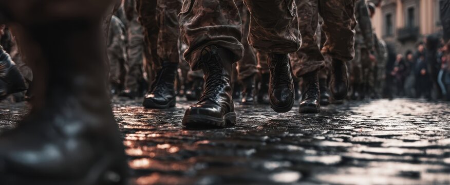 The soldiers marching with determination on a cobblestone street in the city.
