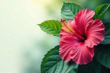 Bold, graphic hibiscus blossoms, lush leaves, tropical feel, red, textile, print