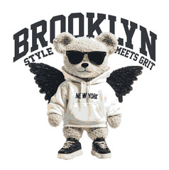 New York themed teddy bear vector illustration.Teddy bear vector hand drawn illustration cute print design for kids.College themed, cute animal graphic print for textiles. Teddy bear graphic.