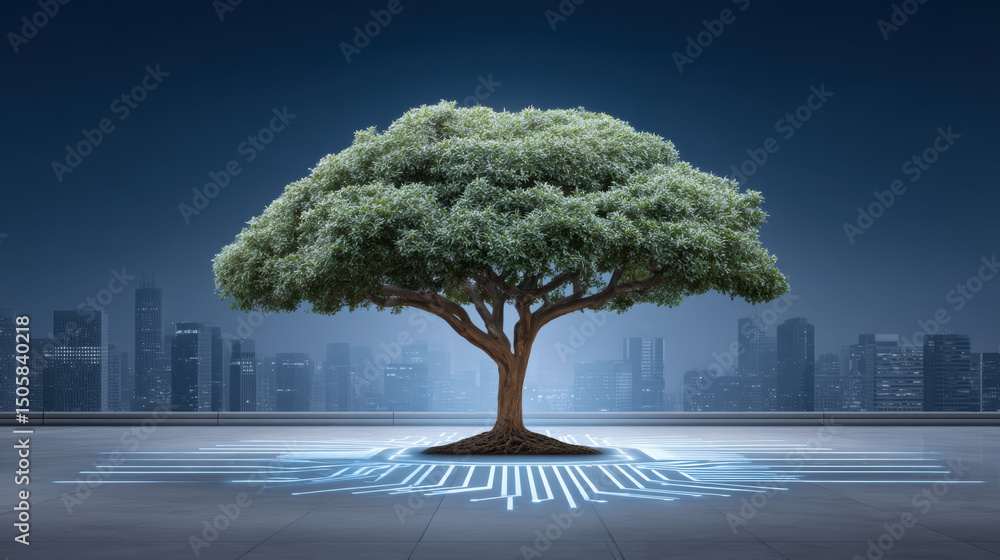 Poster vibrant tree grows from glowing quantum computer circuit symbolizing fusion of nature and advanced t
