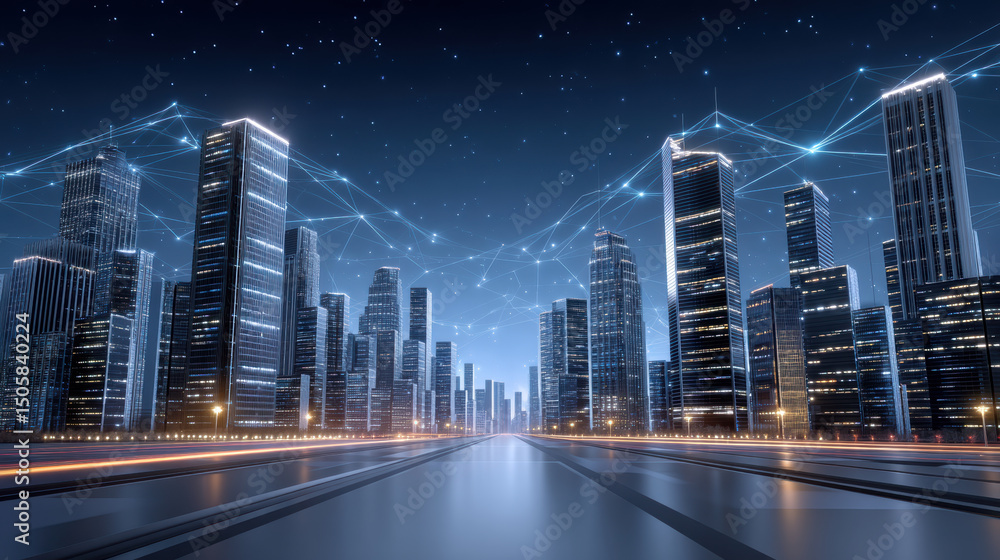 Aufkleber futuristic cityscape at night with glowing skyscrapers connected by quantum computer network under s