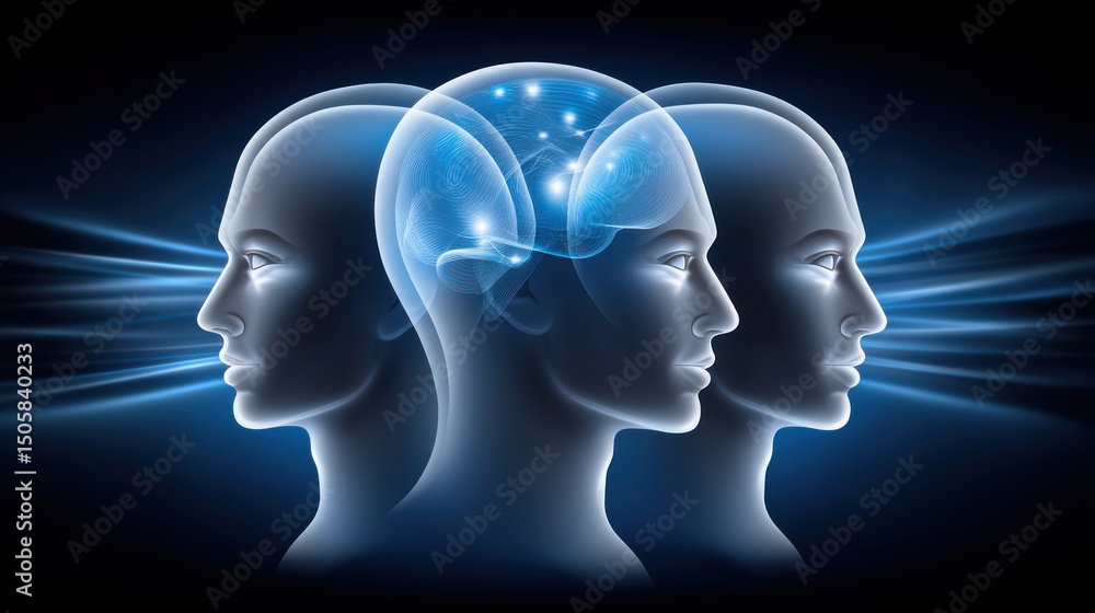 Poster quantum computer concept with three human heads showing brain activity and digital connections in fu