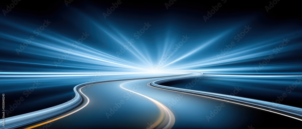 Poster quantum computer concept with futuristic glowing road and light rays symbolizing advanced technology