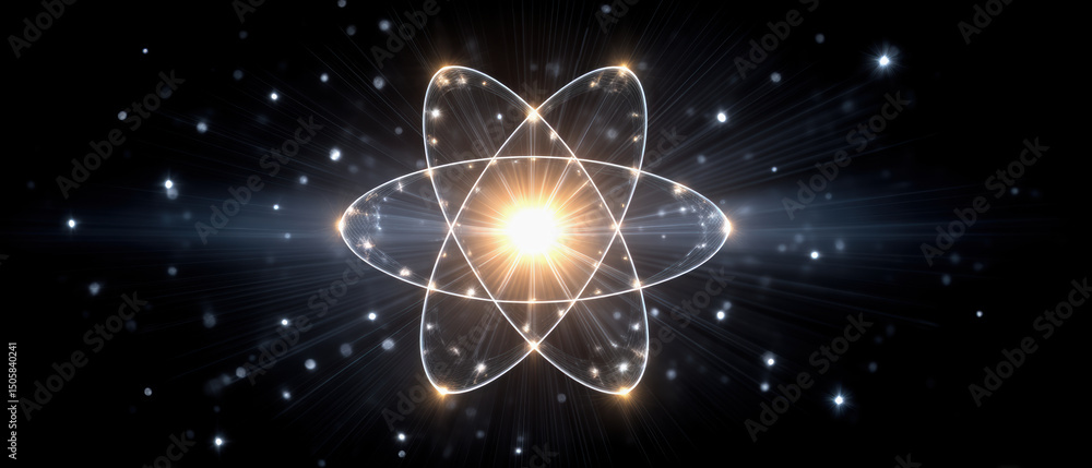 Poster quantum computer concept with glowing atomic structure and bright nucleus emitting light in dark spa