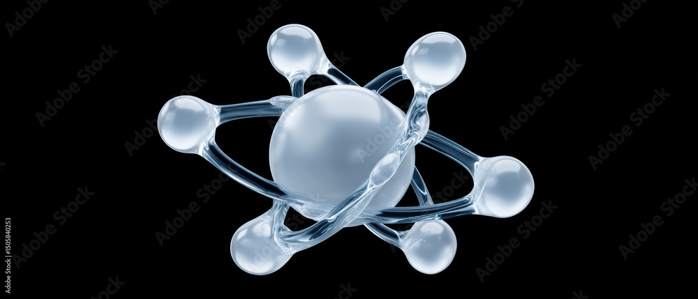 Poster quantum computer concept with transparent atom model showing electron orbits in futuristic design on