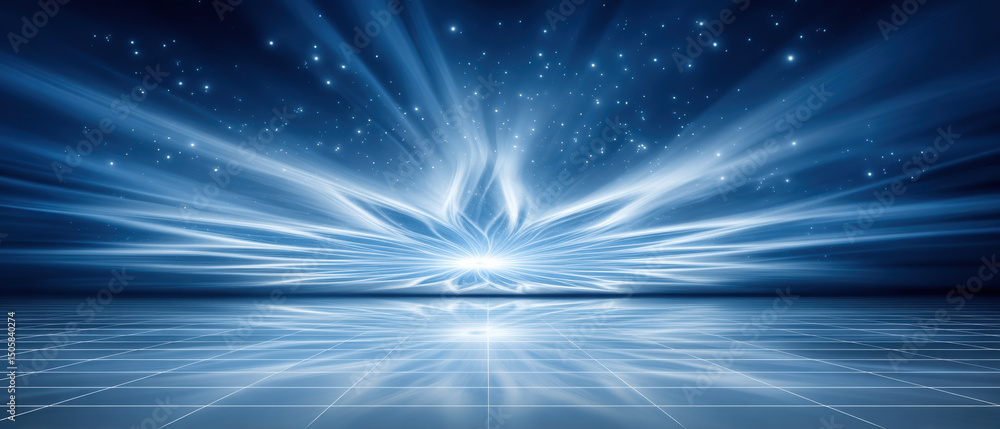 Poster quantum computer concept with glowing light beams and starry sky reflecting on futuristic grid surfa
