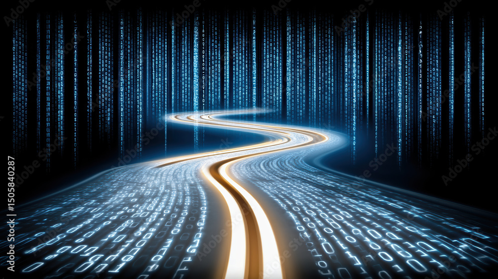 Poster quantum computer data stream road with glowing binary code and futuristic digital technology concept