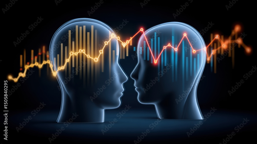 Poster two translucent human heads face each other with glowing data charts inside symbolizing quantum comp