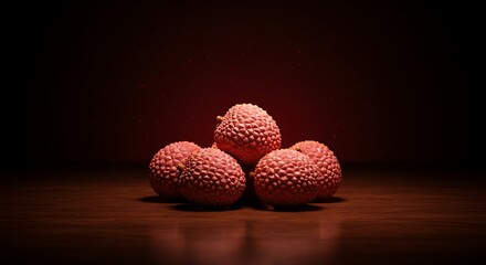 Fresh Lychee Fruits on Wooden Surface with Dark Background
