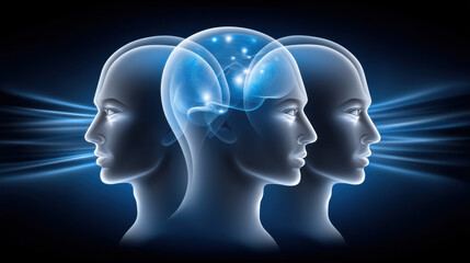 Quantum computer concept with three human heads showing brain activity and digital connections in futuristic blue design