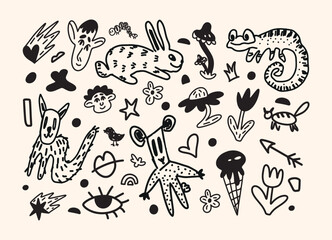 Funny childish doodle drawing with animals, flowers, abstract shapes and faces. Rabbit, cat, chameleon, ice cream, octopus, mushroom, eye. Hand drawn vector illustration for child design.
