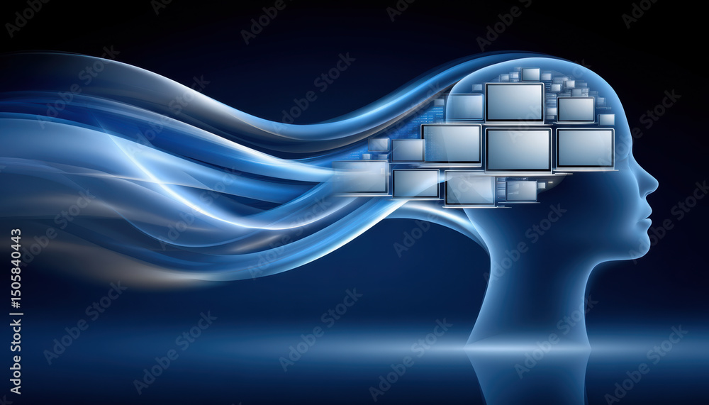 Poster digital human head with flowing blue waves and multiple screens inside representing quantum computer