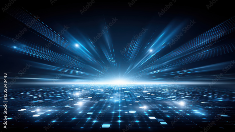 Poster quantum computer concept with glowing blue light rays and digital grid background creating futuristi