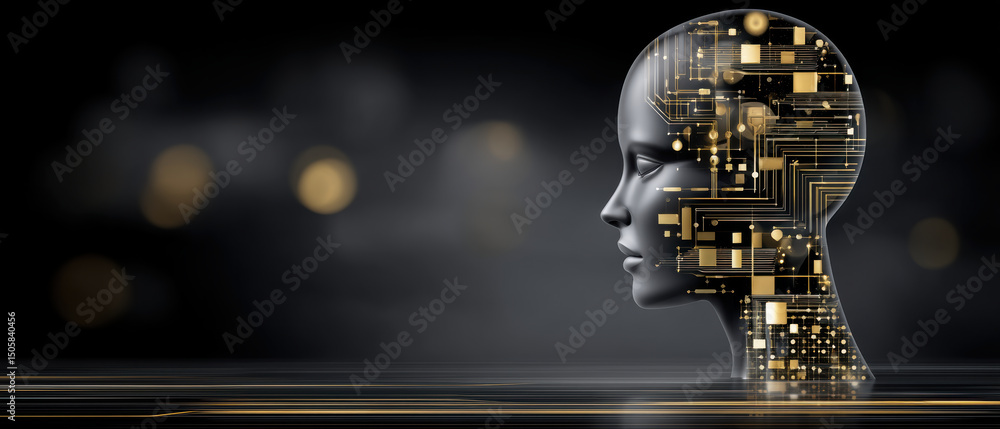 Poster futuristic human head with golden circuit patterns symbolizes quantum computer technology advancing 