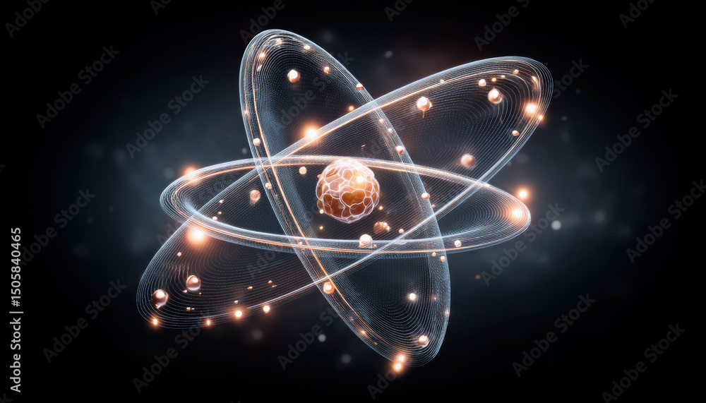 Poster quantum computer concept with glowing atomic structure and particles orbiting in dark space creating