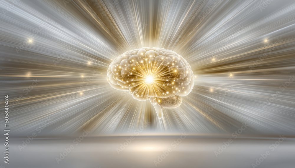 Poster quantum computer concept with glowing brain and light rays symbolizing advanced technology and intel