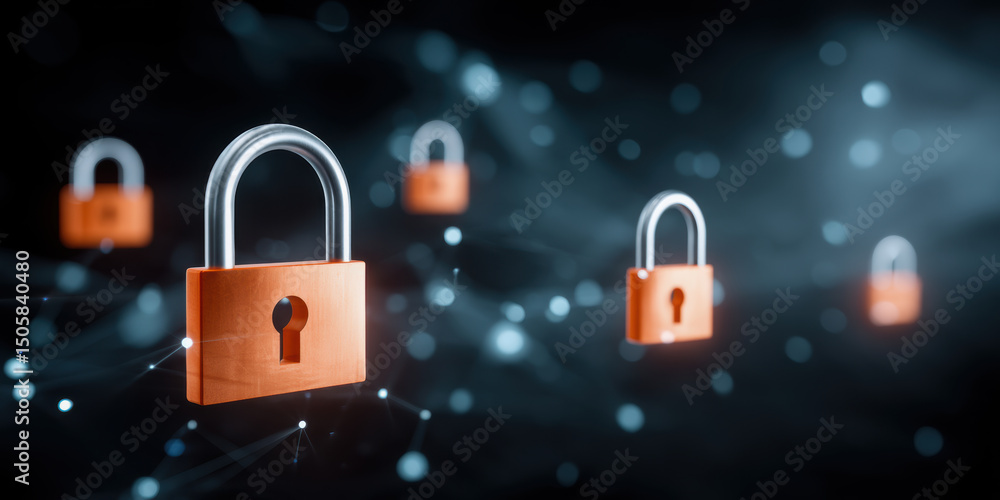 Poster quantum computer security concept with multiple orange padlock icons floating in dark space with dig