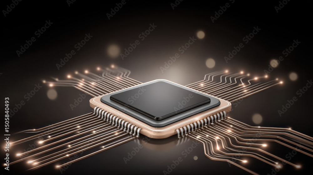 Poster quantum computer chip with glowing circuit lines illustrating advanced technology and futuristic inn