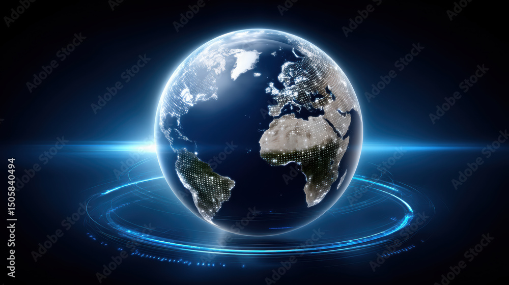 Poster quantum technology and computer data visualization merge in this glowing digital globe showing conti