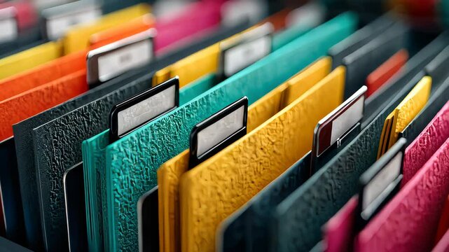 Close-up of colorful office folders and document organizers neatly aligned on a shelf, showing textured covers and labels