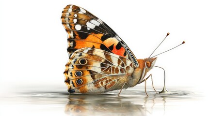 Painted Lady butterfly drinking water, close-up.