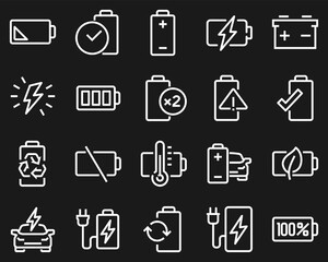 Line icons set of batteries and electric charging. Includes power indicators, eco energy, EV, battery levels, temperature, and safety symbols for UI, apps, and infographics