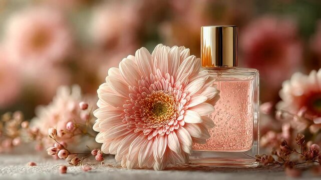 Elegant square perfume bottle with pink liquid surrounded by blooming pastel flowers in soft lighting