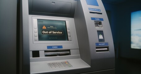 ATM Machine Display Showing Error Message Due to System Failure. Out of Service Cash Machine,...