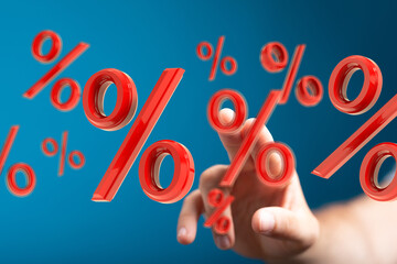 3D red percentage symbols float near a hand, symbolizing discounts, sales, interest rates, or...