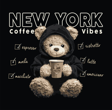 Coffee themed teddy bear vector illustration.Teddy bear vector hand drawn illustration cute print design for kids.Coffee themed, cute animal graphic print for textiles. Teddy bear graphic.Espresso art