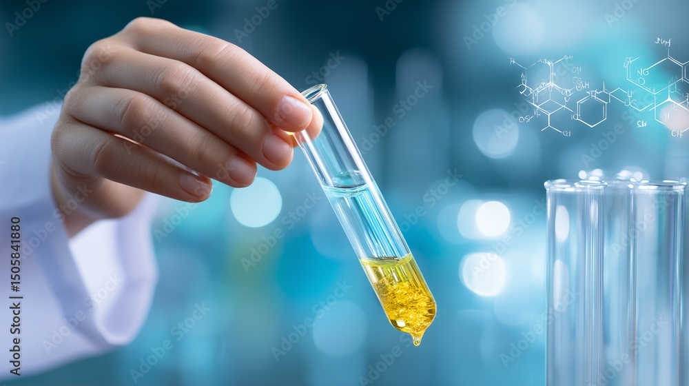 Poster scientist conducting an experiment with a test tube containing liquid in a modern laboratory setting