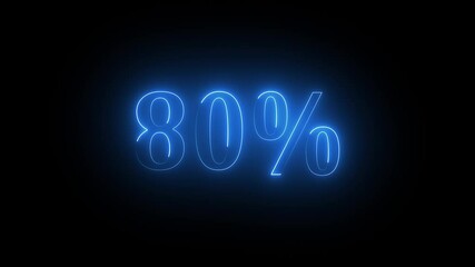 Neon glowing 80 percent sign on black background. Abstract 80% percent text neon animation.