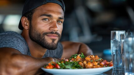 Man enjoys healthy meal at restaurant with gym background
