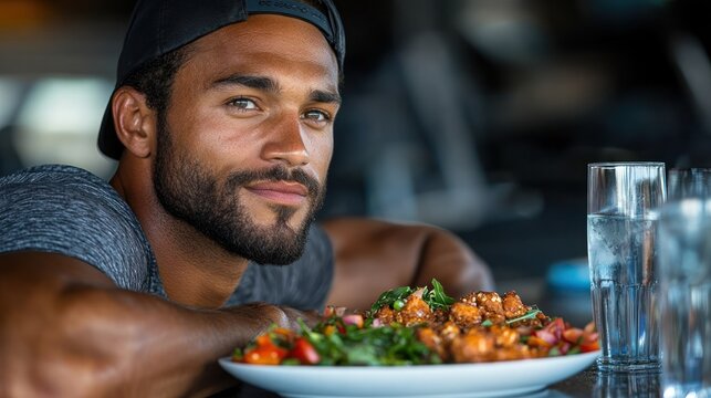 Man enjoys healthy meal at restaurant with gym background