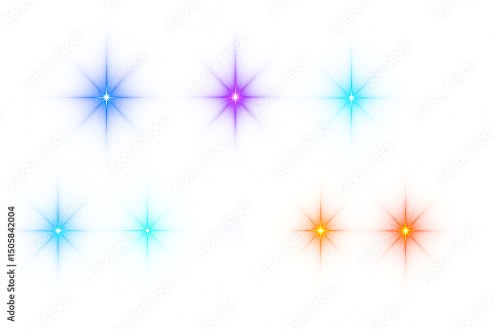 Poster sparkling star set: a collection of brightly colored stars, ranging from cool blues and purples to w