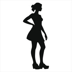 (Clogs)Vector Silhouette of a Woman in a Short Dress and Platform Shoes/A sleek silhouette of a woman, presented against a plain white background, exudes elegance and sophistication.