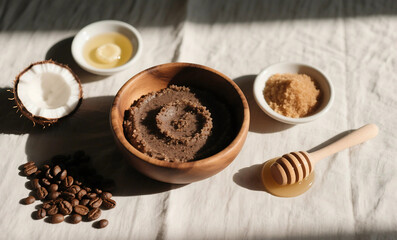 Homemade Coffee Body Scrub with Natural Ingredients in Wooden Bowl, Honey, Coconut and Brown Sugar