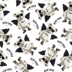New York themed teddy bear vector pattern.Teddy bear vector hand drawn illustration cute print design for kids.College themed, cute animal graphic print for textiles. Teddy bear pattern.