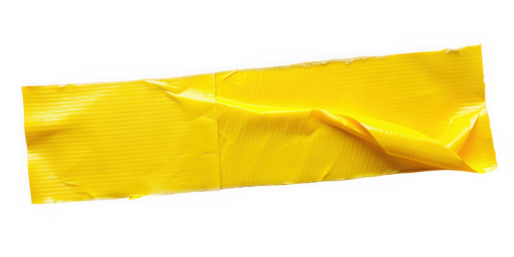 A wrinkled piece of bright yellow duct tape, providing a vibrant pop of color against a transparent background, showcasing its texture and usability.