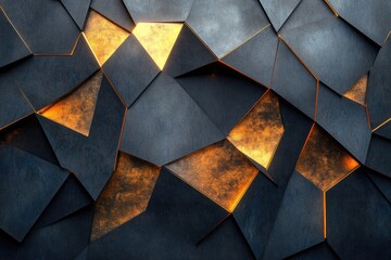 Abstract geometric pattern combines dark metallic textures with glowing golden highlights, creating a modern and artistic visual. This dynamic composition radiates sophistication and serves perfectly 