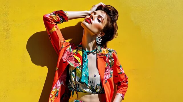 Vibrant fashion model posing against bold yellow wall in sunlit scene