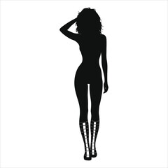 ( Gladiator sandals)Vector Silhouette of a Woman with Stylish Patterned Leggings/A sophisticated black and white silhouette of a woman, styled with a touch of fashion.
