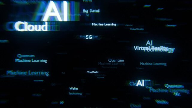 High-tech seamless looping animation featuring floating technology-related buzzwords like AI, Blockchain, Cybersecurity, and Big Data. Dynamic camera movement through a futuristic digital environment.