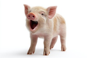Adorable piglet with a wide yawn, standing against a white background.