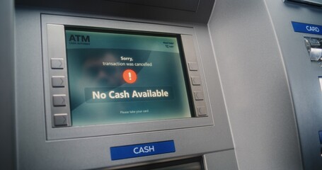 ATM User Entering PIN Code on ATM Keypad for Money Withdrawal. Error Message on Cash Machine Screen...