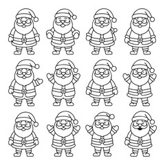Christmas Santa Claus Icon Set, Line Art Style, Black and White with Various Poses