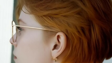 Portrait of redhead woman wearing glasses close-up and looking camera - Powered by Adobe